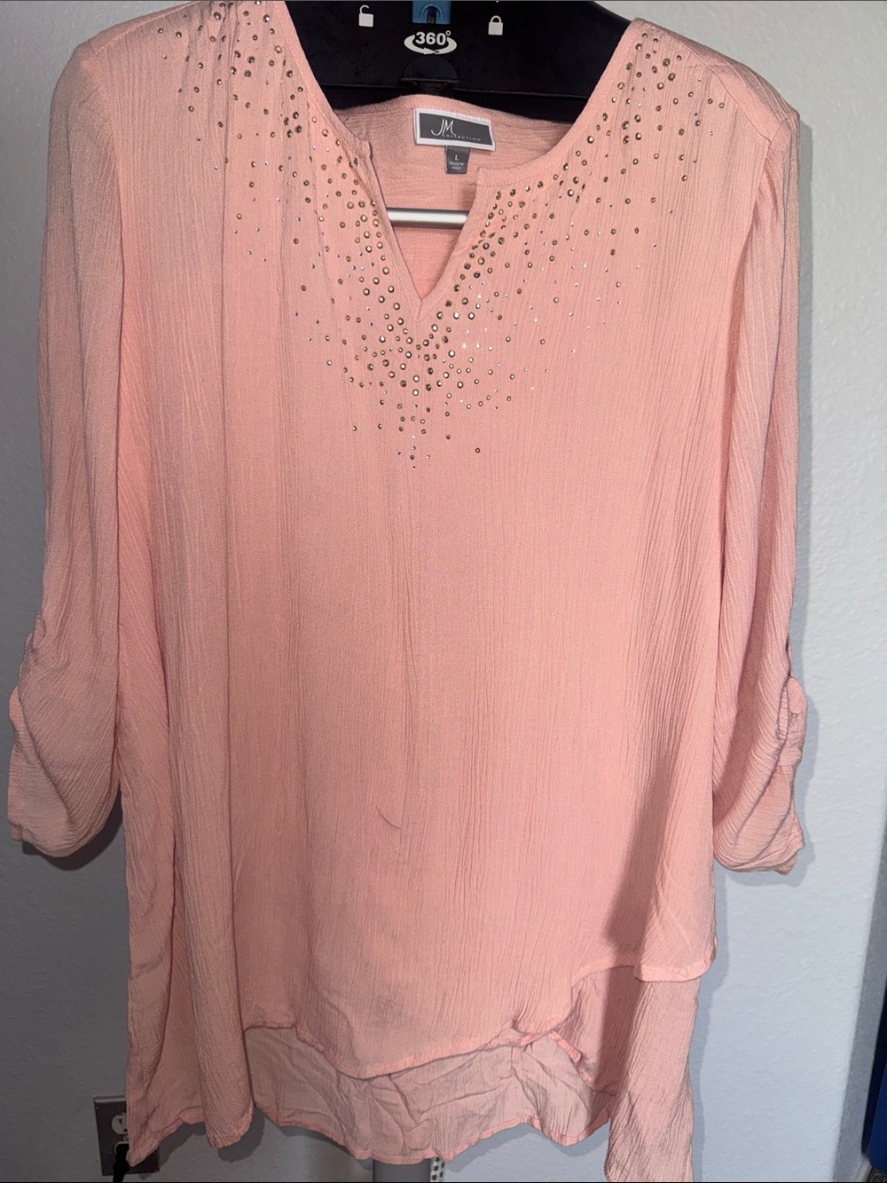 JM Collection Blush Pink Beaded V-Notch Roll-Tab Tunic